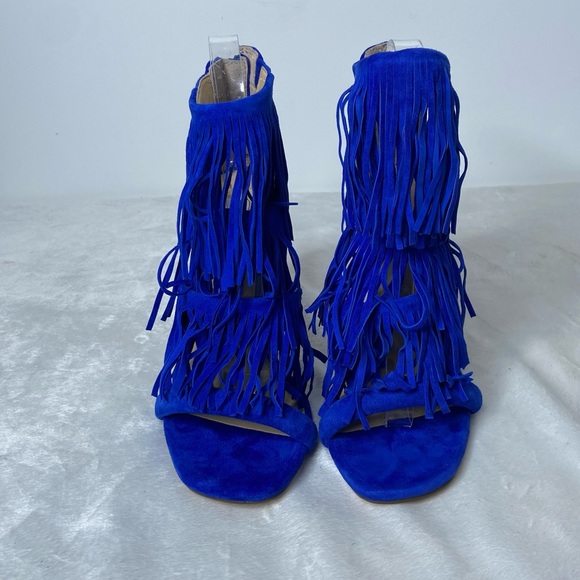 Steve Madden Womens FRINGLY Suede Strappy Fringe Heels Sandals 8M Blue - Picture 3 of 9